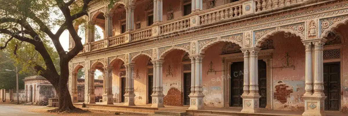 A Chettinad mansion facade in a quiet Tamil Nadu village street
