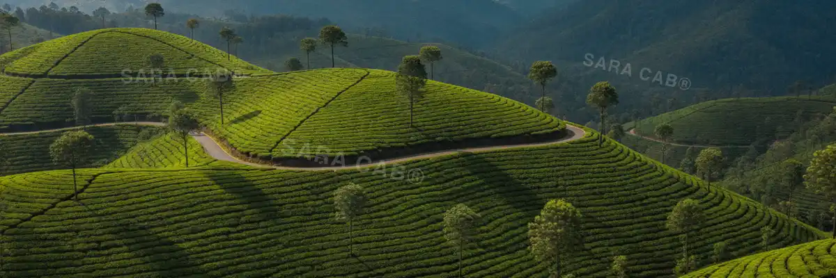 Tea plantations carpeting the hills around Munnar