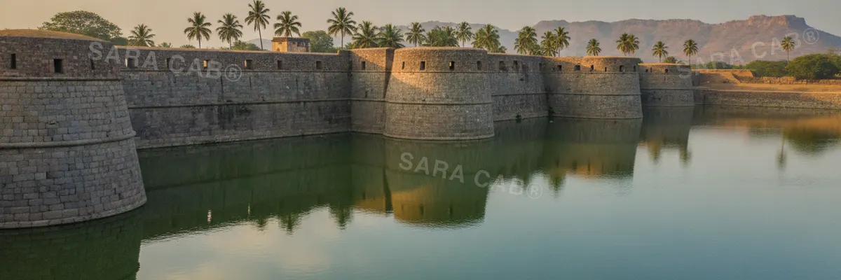 The granite ramparts and moat of Vellore Fort